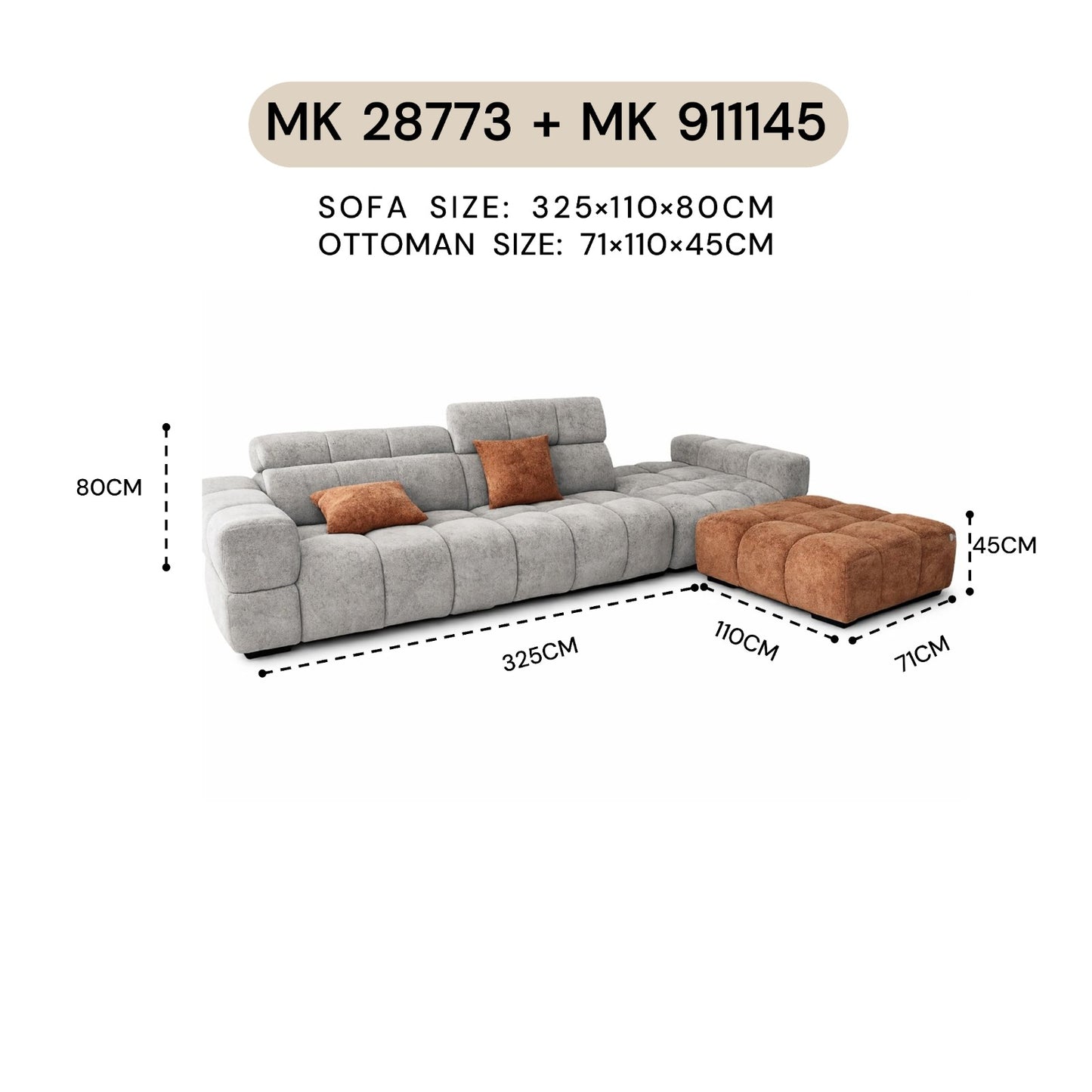MASAKINI 3-SEATER FABRIC SOFA + OTTOMAN MK 33804 + MK 911145