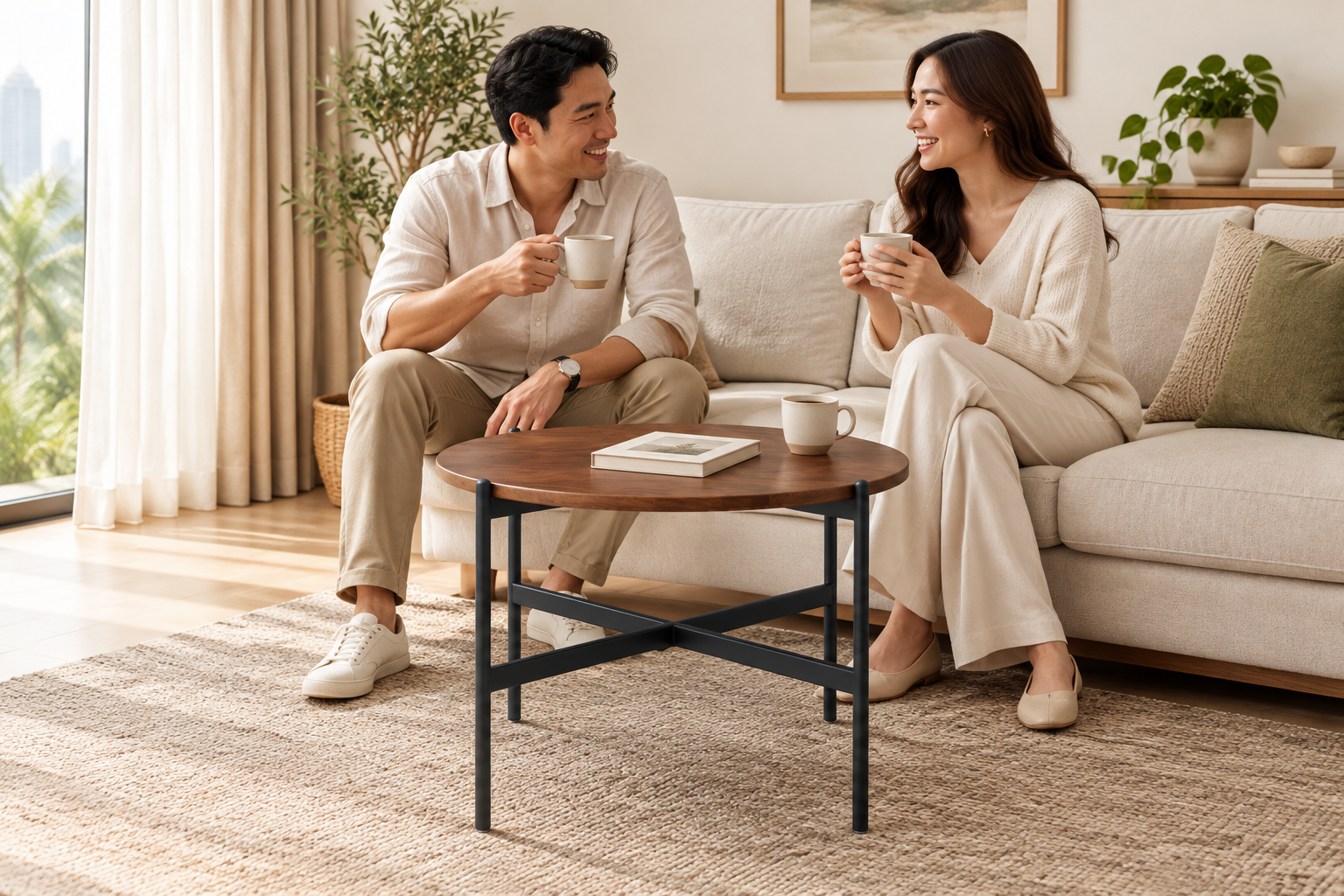 AFRAIN coffee table in a modern living room with a couple sharing coffee