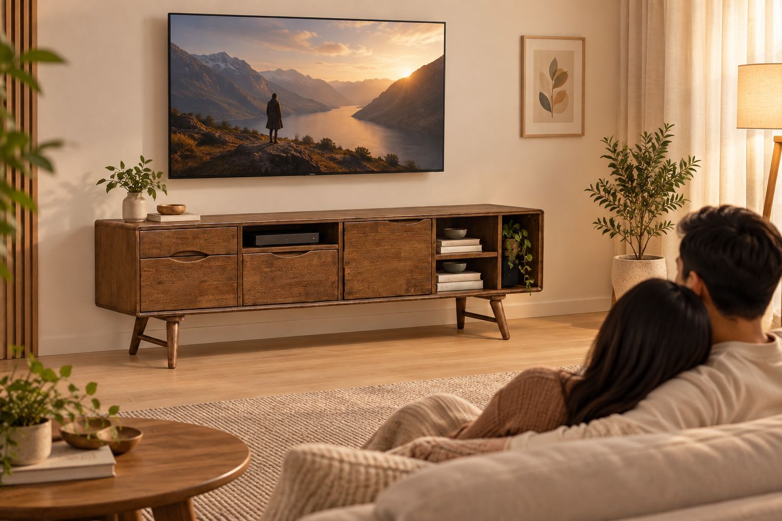 FJ 1861 TV cabinet in a warm modern living room with a couple