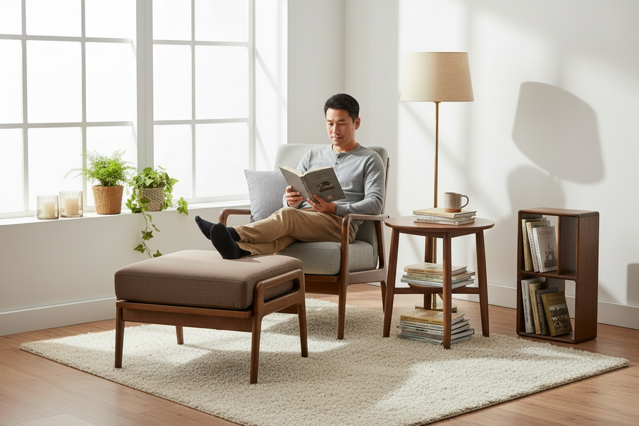 Man Reading in Chair with Ottoman