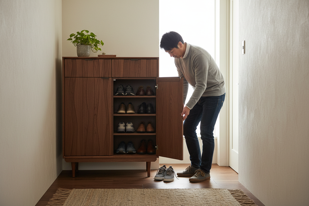 Man taking off shoes at narrow entrance