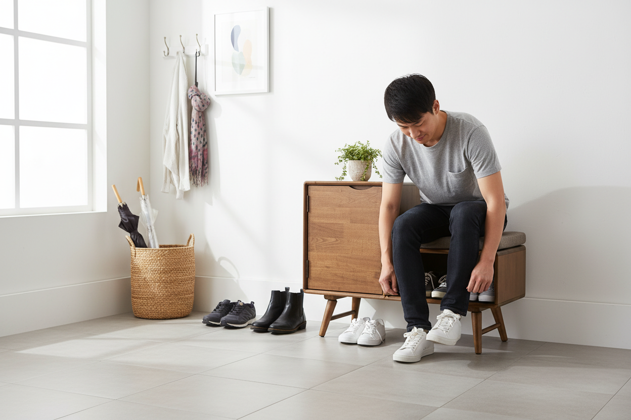 Man tying shoes on Nordic shoe rack