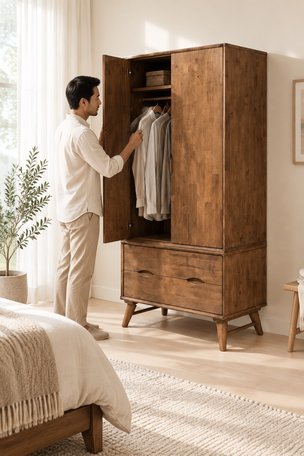 Nordic Wardrobe FJ 9019 in a calm bedroom with a man choosing a shirt