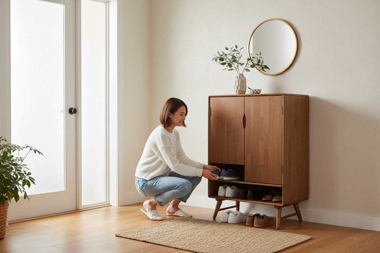 Person organizing shoes on rack