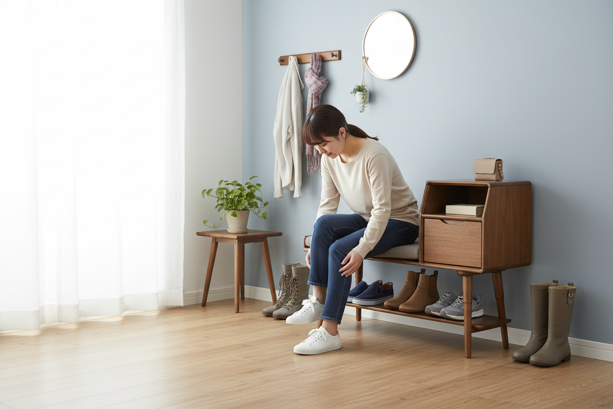 Sitting on shoe rack bench