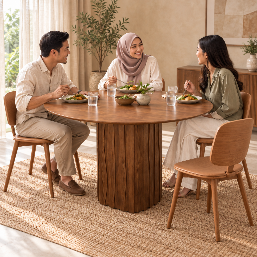 Square lifestyle image of the AFRAIN dining table with AFRAIN MK 2225 chairs