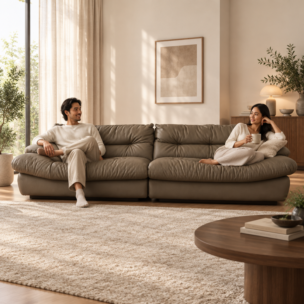 Square lifestyle image of the MASAKINI three-seater leather sofa