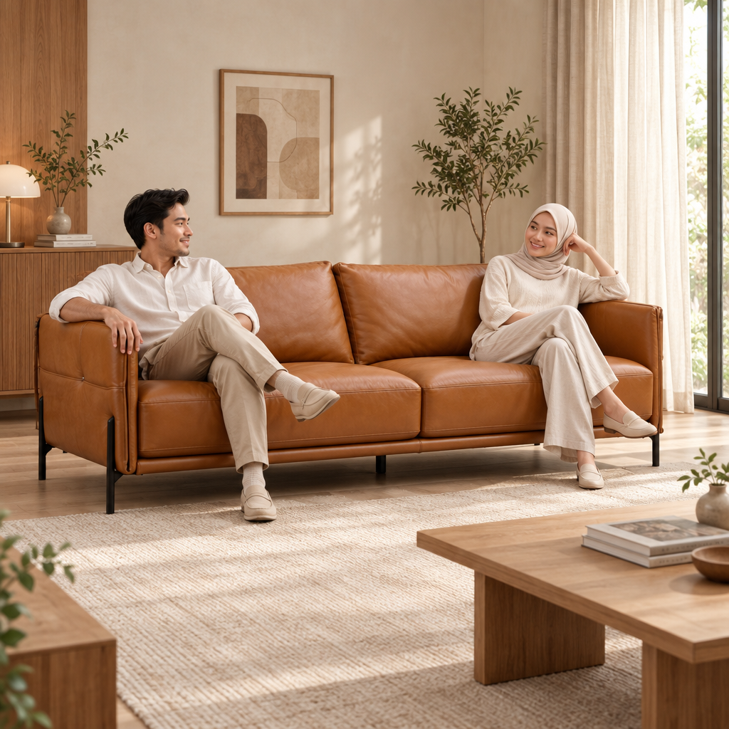 Square lifestyle image of the MASAKINI WN 23803 three-seater leather sofa